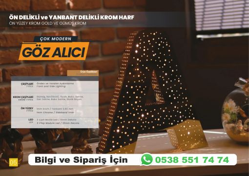 ön delikli yan bant delikli krom ışıklı kutu harf tabela